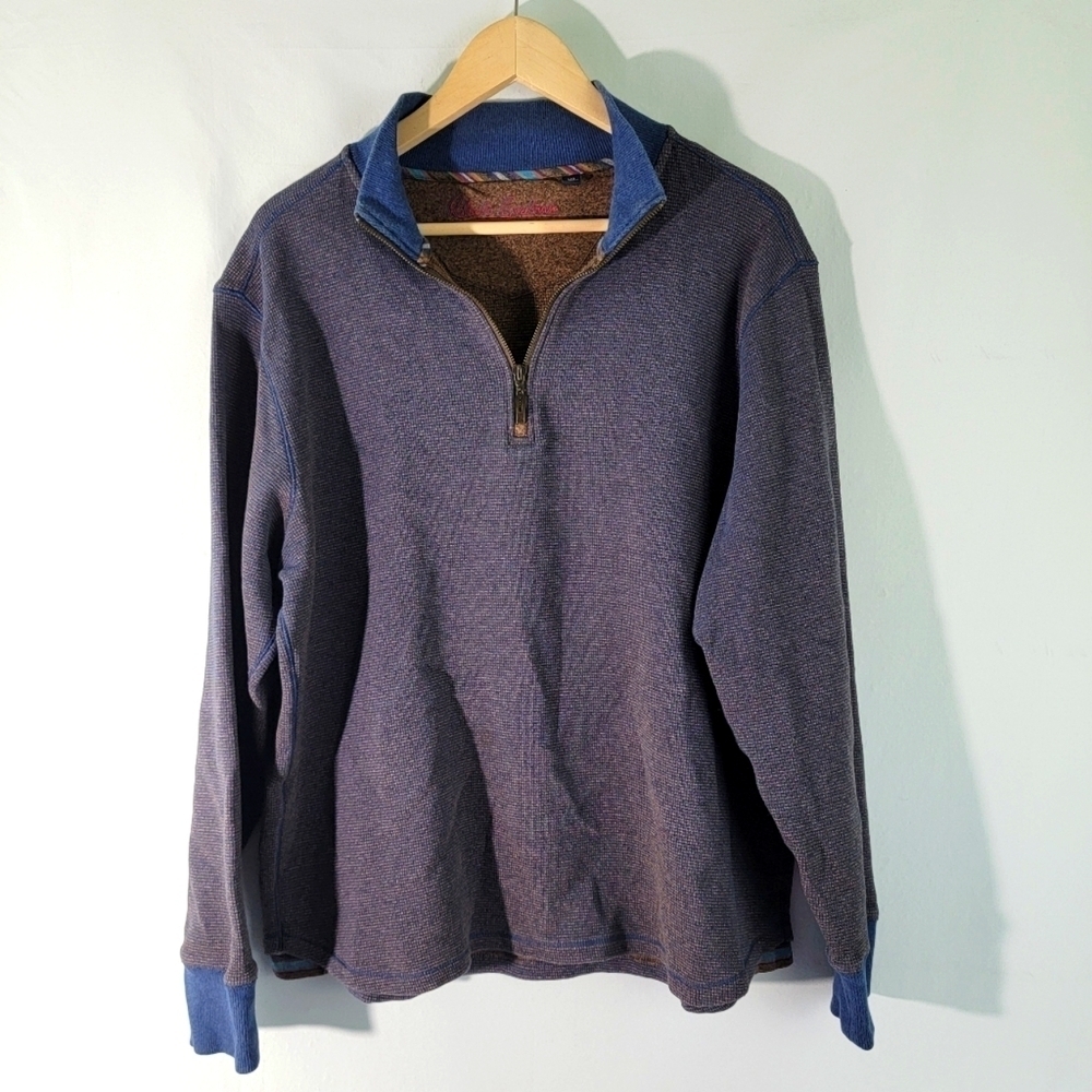 Robert Graham Mens Pullover Waffle Knit Sweater SZ L Blue 1/4 Zip Cotton Rainbow